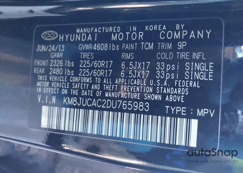 2013 Hyundai Tucson Gls z USA, uszkodzony, nr VIN KM8JUCAC2DU765983